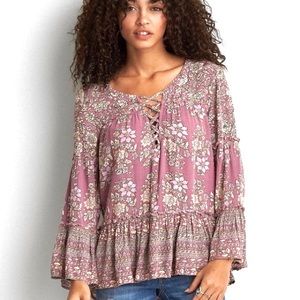 Lace Up Embroidered Bell Sleeve